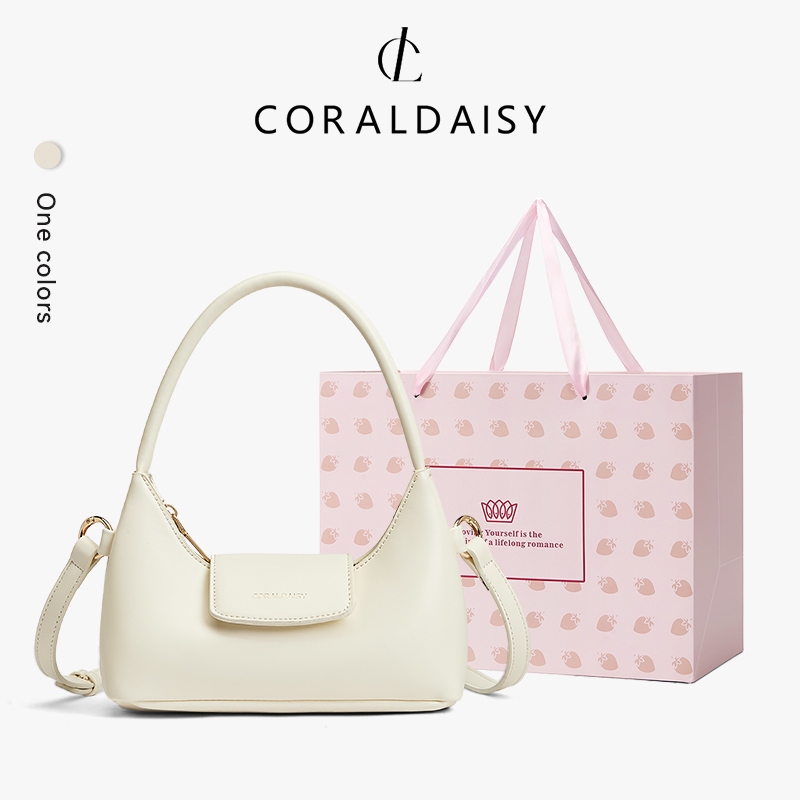 CORALDAISY 2026 รุ่นใหม่ สายสะพายไหล่ยาวปรับได้ กระเป๋าสะพายไหล่สีพื้นเรียบ กระเป๋าสะพายข้างหนังแท้