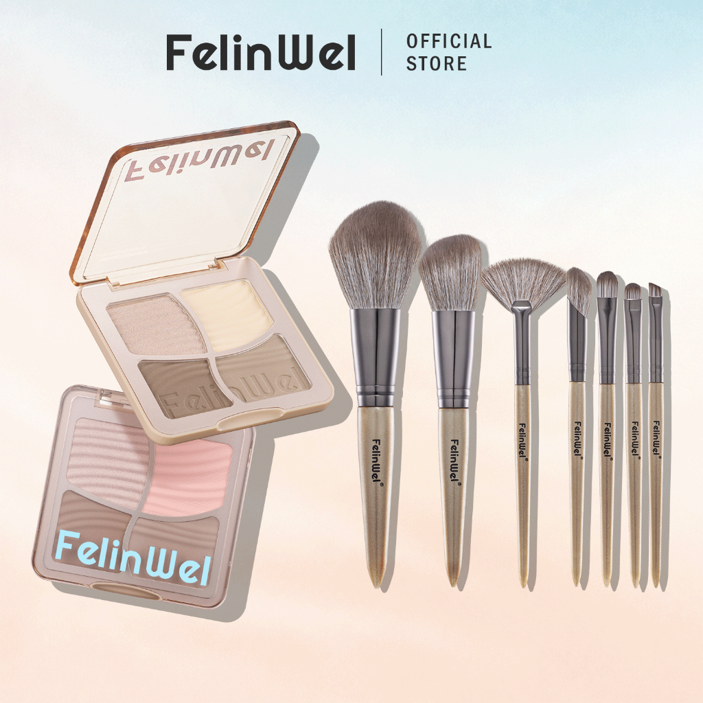 FelinWel เซ็ตแต่งหน้า พาเลทคอนทัวร์+ไฮไลท์ 4สี + ชุดแปรง 7ชิ้น วีแกน ประหยัดกว่าซื้อแยก | Face Makeup Bundle Save vs Separate