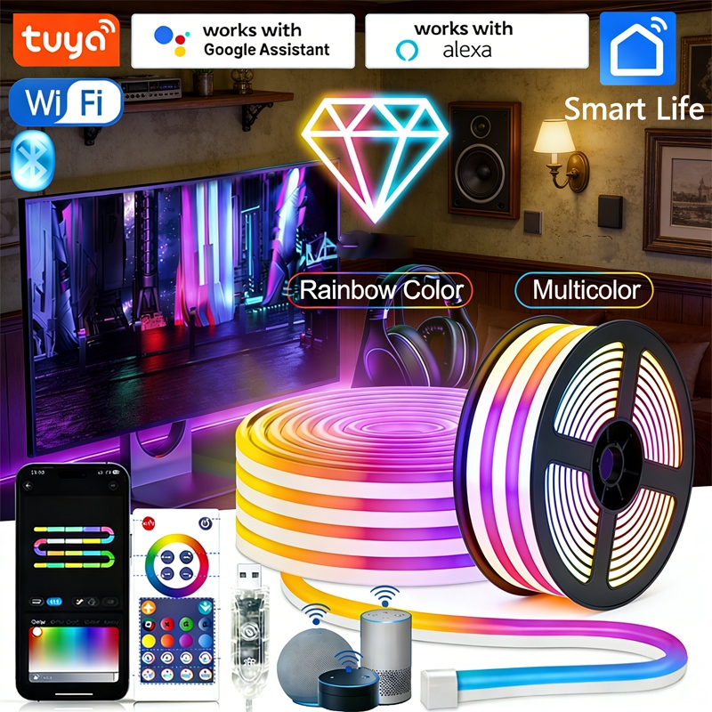 TUYA Smart Life สมาร์ท RGBIC ไฟ LED Strip APP ควบคุม IP65 แสงนีออนกันน้ําสําหรับตกแต่งห้องสําหรับเล่นเกม