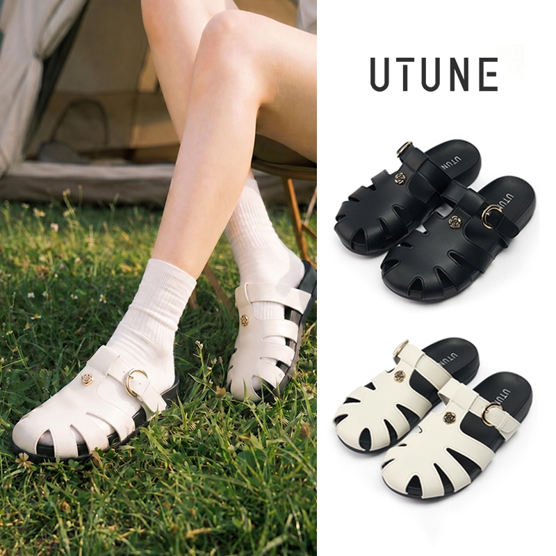 UTUNE รองเท้าแตะหัวปิดสไตล์วินเทจ สวมง่าย วัสดุ PU โปร่งสบาย ปรับสายได้ พื้นแบน กันลื่น ใส่ไปเที่ยวชายหาด