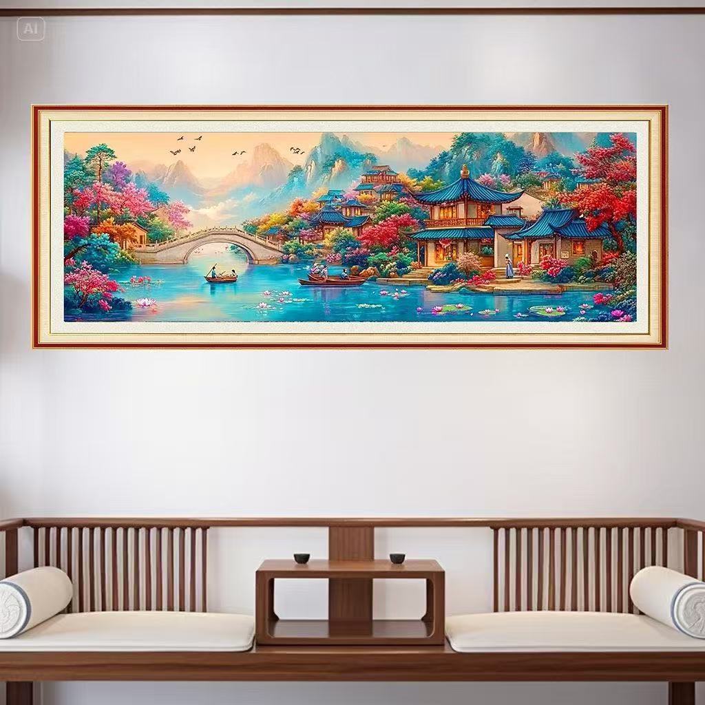 ปักครอสติสสไตล์ใหม่ Jiangnan Shuixiang ทิวทัศน์ที่สวยงาม การพิมพ์ที่แม่นยํา ด้ายมือปัก