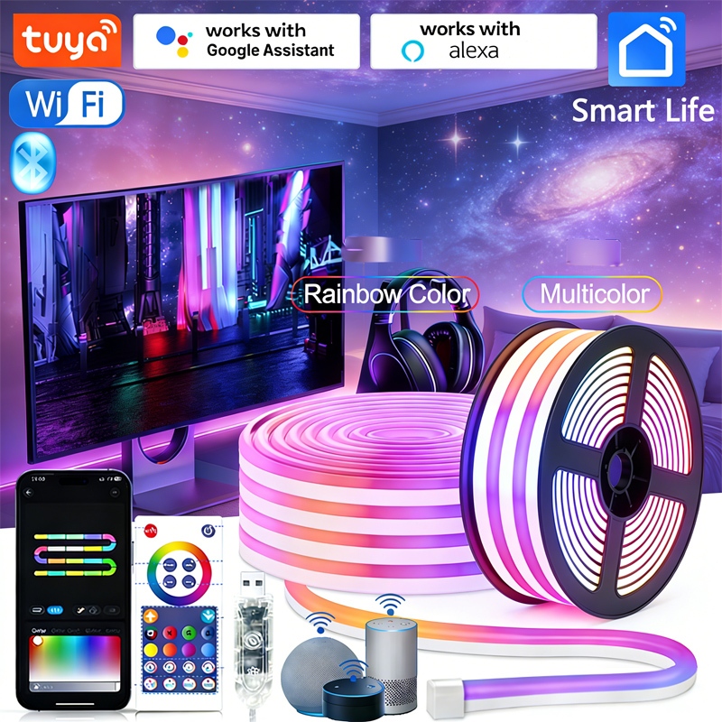 ไฟ LED Strip RGBIC อัจฉริยะ TUYA ควบคุมด้วยแอป IP65 ไฟนีออนกันน้ำสำหรับตกแต่งห้องเล่นเกม