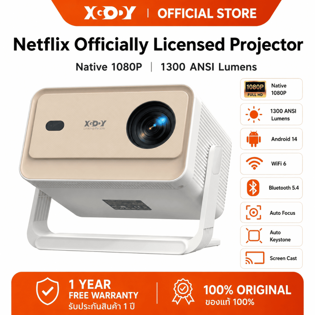 XGODY โปรเจคเตอร์ Netflix อย่างเป็นทางการ 1+32GB Auto Focus Native 1080P รองรับ 4K Android 14 โฮมเธียเตอร์ 1300 ANSI