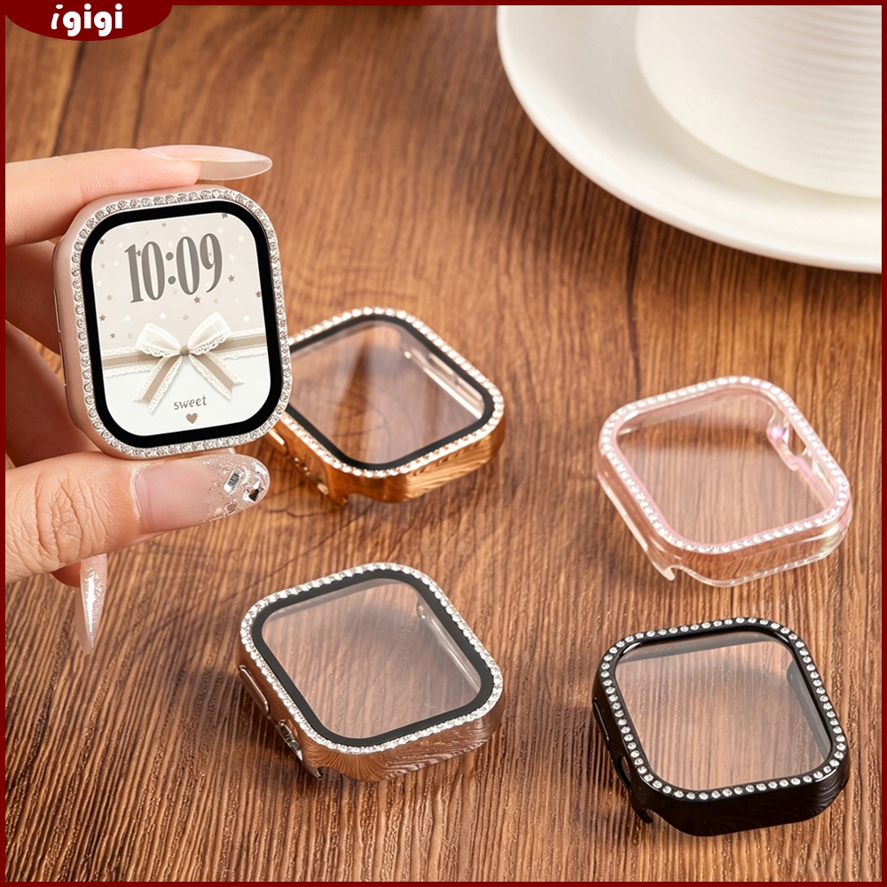 เคสกระจกเทมเปอร์ขอบเพชรแถวเดียวสำหรับ Apple Watch 46mm 49mm 45mm 44mm 42mm 41mm 40mm 38mm Series 1-11 SE Ultra – ป้องกันรอบด้าน กันรอย แวววาว