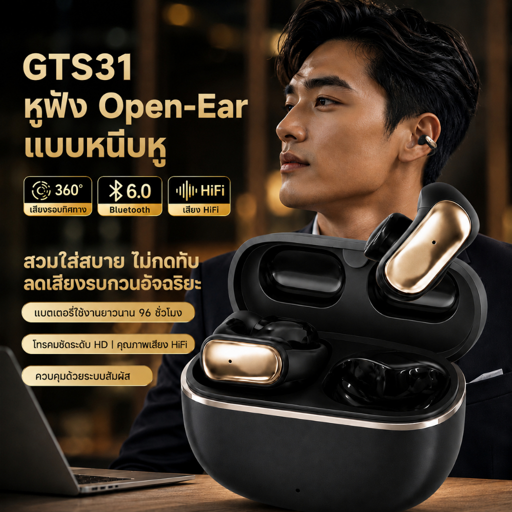 หูฟังหนีบ RHYFELL Bluetooth 6.0 แบต 96H เสียงพื้นที่ HIFI คุณภาพสูง ลดเสียงรบกวนอัจฉริยะ