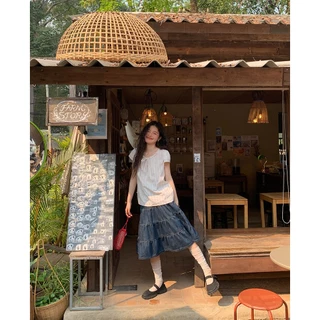 💙ส่งไวจากไทย🤍กระโปรงยีนส์เอวสูง ทรงเอแต่งระบายชั้นๆ สไตล์เกาหลีวินเทจ แมทช์ง่าย Tiered Denim Skirt