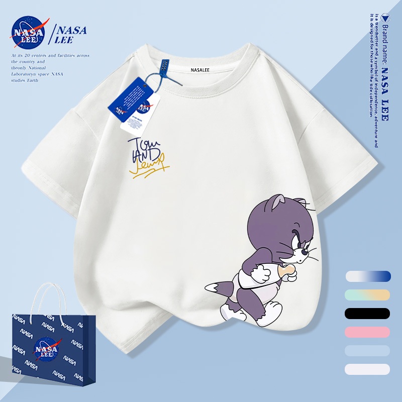 [กรุงเทพฯ จัดส่งภายในวันเดียว] เด็กสีขาวผ้าฝ้ายแท้ระบายอากาศเสื้อยืดบรรยากาศแมวตลกการ์ตูน เด็กชอบ ลายน่ารัก 3-16 ปีหลวมสบายๆเสื้อแขนสั้น
