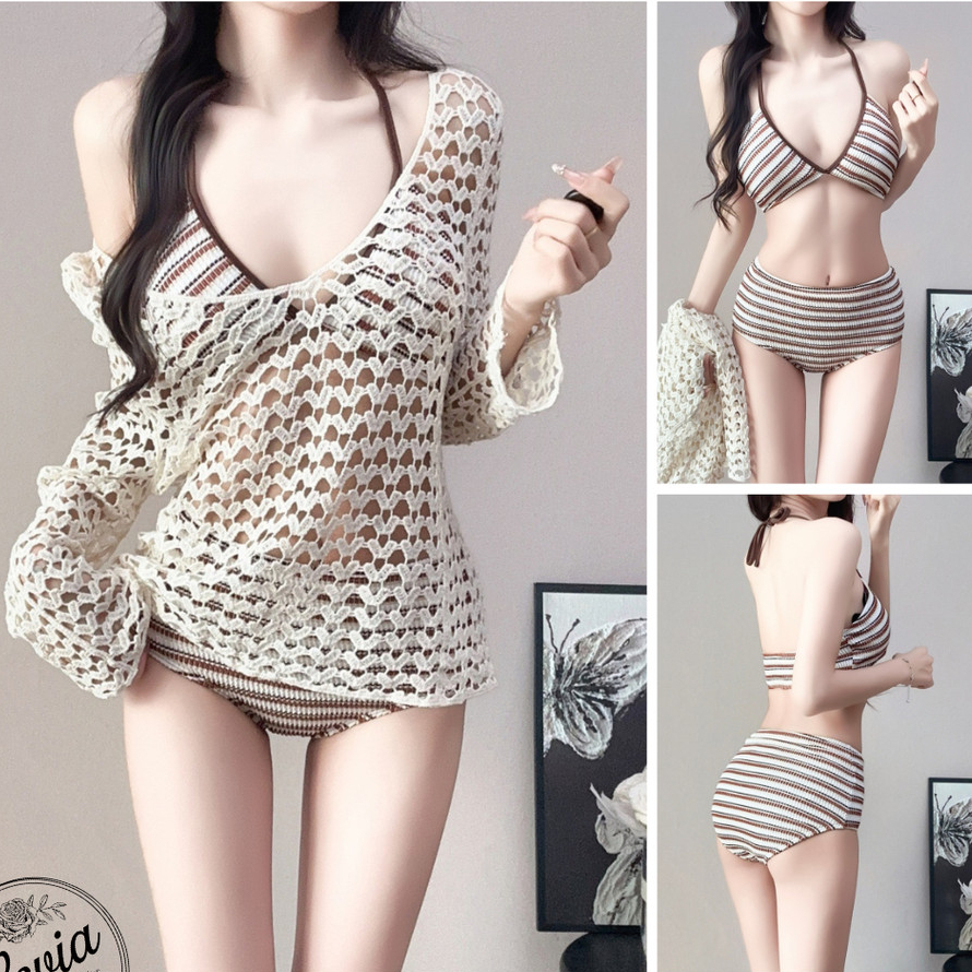 เซ็ตชุดว่ายน้ำ เสื้อคลุมถักฉลุสีครีม + สายเดี่ยวกางเกงลายทางน้ำตาล-ขาว PT0469