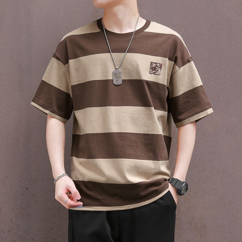 เสื้อยืดลายทางฤดูร้อนสําหรับผู้ชาย เสื้อท็อปแขนสั้น