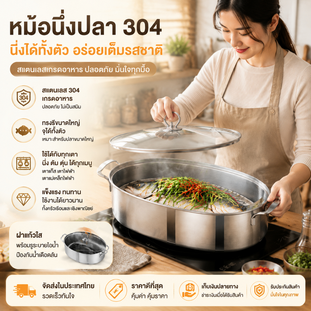 ⭐️โกดังในพื้นที่+COD⭐ หม้อนึ่งปลาสแตนเลส 304 ขนาดใหญ่พิเศษ – หม้อตุ๋นไฟฟ้าและเตาแม่เหล็กไฟฟ้ารูปไข่สําหรับห้องครัวในบ้านและเชิงพาณิชย์