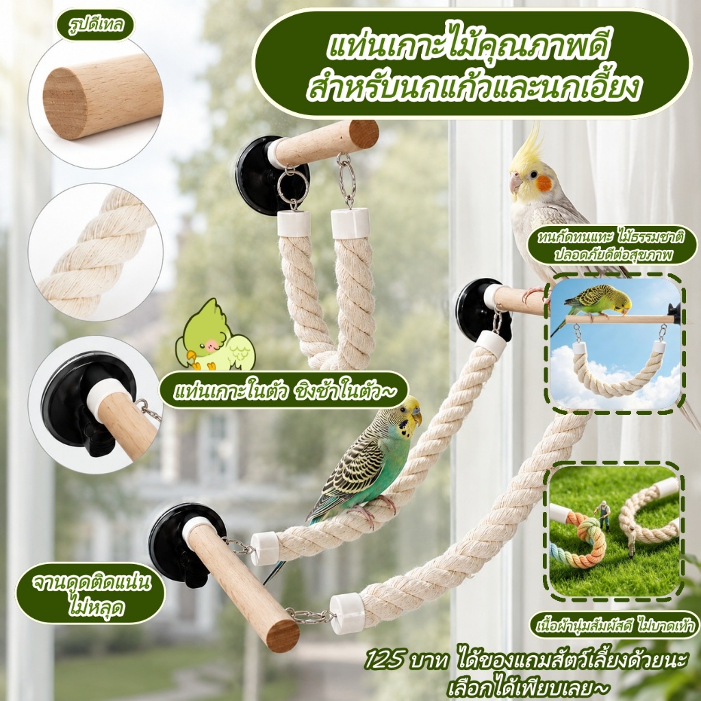 GUTHOP คอนปีนเขานกแก้ว,ของเล่นแกว่งนกบีชกันลื่น,กัดทนเบื่อบรรเทาถ้วยดูดBird Stanging Perch CAGEอุปกรณ์เสริม
