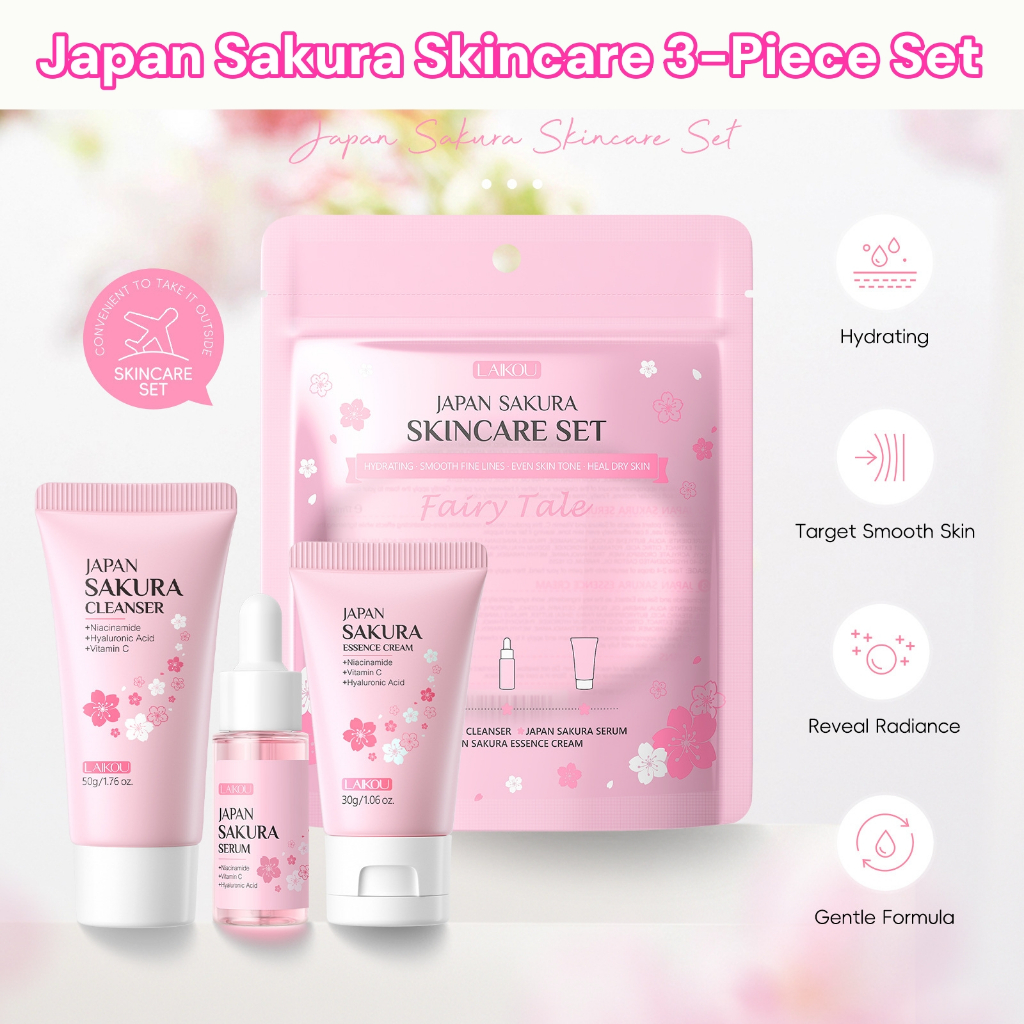 ❤️ขายร้อน❤️ Japanese Sakura Skincare ชุด 3 ชิ้น Hydrating Travel Kit พร้อมคลีนเซอร์ เซรั่ม เอสเซ้นส์