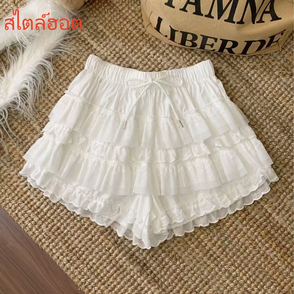 【จัดส่งจากประเทศไทย】สีขาวสไตล์ใหม่ลูกไม้เย็บ Hakama เวอร์ชั่นเกาหลีเอวสูงทุกการแข่งขันกางเกงชั้นในสั้นป้องกันแสงสะท้อน