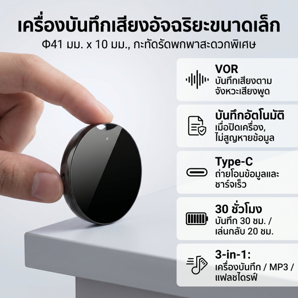 เครื่องบันทึกเสียงจี้ห้อยคอเก๋ 64GB|บันทึกปุ่มเดียว30ชม.|เล่นMP3|ใช้ประชุม เรียน สัมภาษณ์
