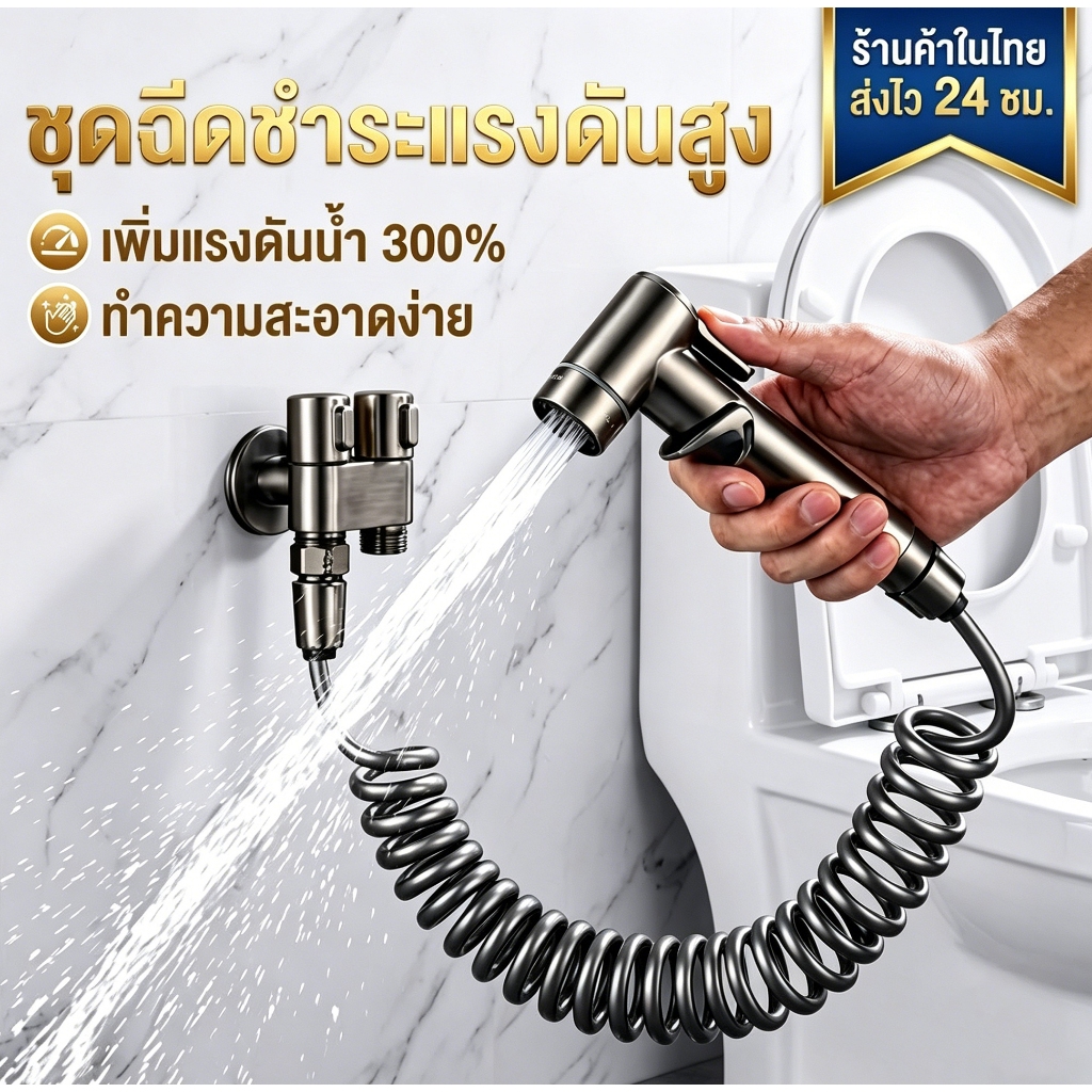 ชุดหัวฉีดชำระแรงดันสูงสำหรับโถสุขภัณฑ์ พร้อมวาล์วควบคุมแบบแยกทางน้ำ (1 ทางเข้า 2 ทางออก) และสายสปริงยาว 2 เมตร