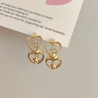 เกาหลี Double Heart CD Star Pearl Hoop ต่างหู Elegant Gold Hollow Love ต่างหู Minimalist แฟชั่นเครื่องประดับ