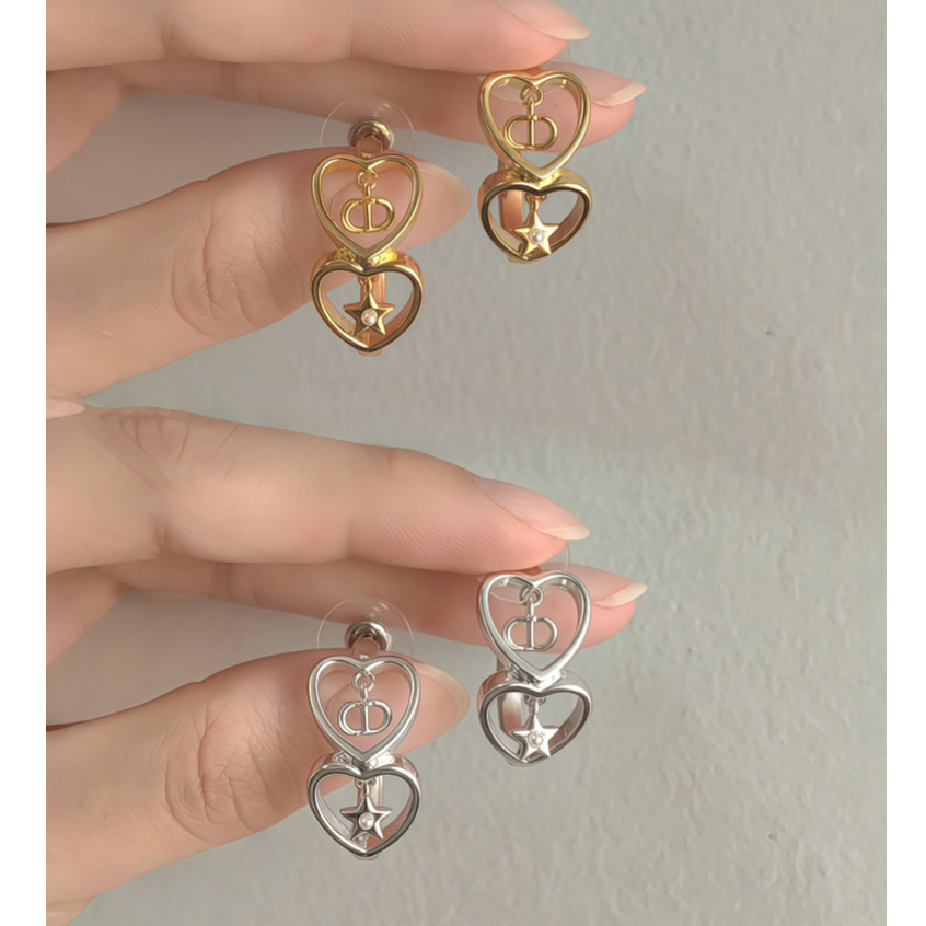 เกาหลี Double Heart CD Star Pearl Hoop ต่างหู Elegant Gold Hollow Love ต่างหู Minimalist แฟชั่นเครื่องประดับ