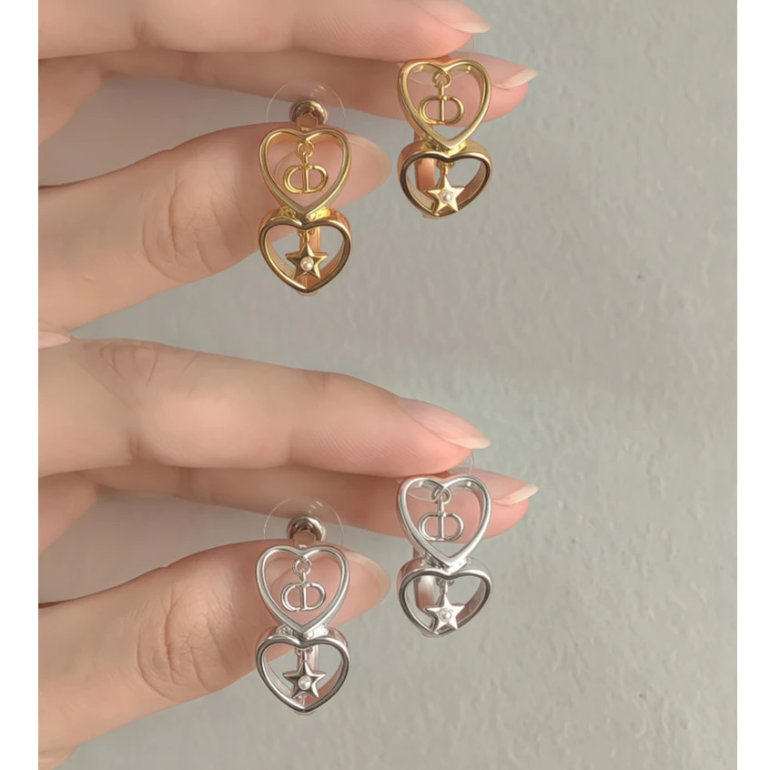 เกาหลี Double Heart CD Star Pearl Hoop ต่างหู Elegant Gold Hollow Love ต่างหู Minimalist แฟชั่นเครื่องประดับ