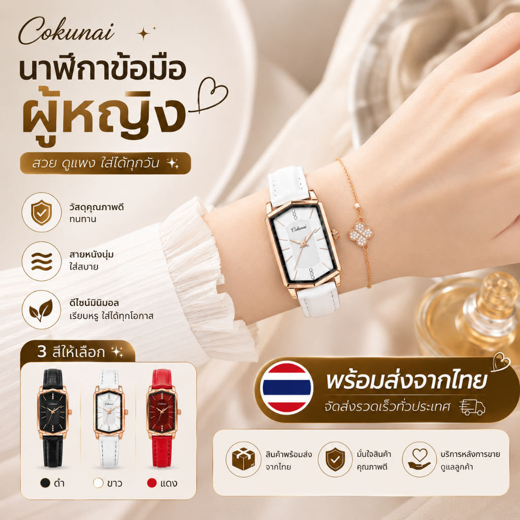 พร้อมส่งจากไทย 🇹🇭 นาฬิกาข้อมือผู้หญิง หน้าปัดเหลี่ยม สายหนัง Luxury Elegant ใส่แล้วมือดูเรียว แมทช์ทุกลุค ทำงาน คาเฟ่ ออกเดท