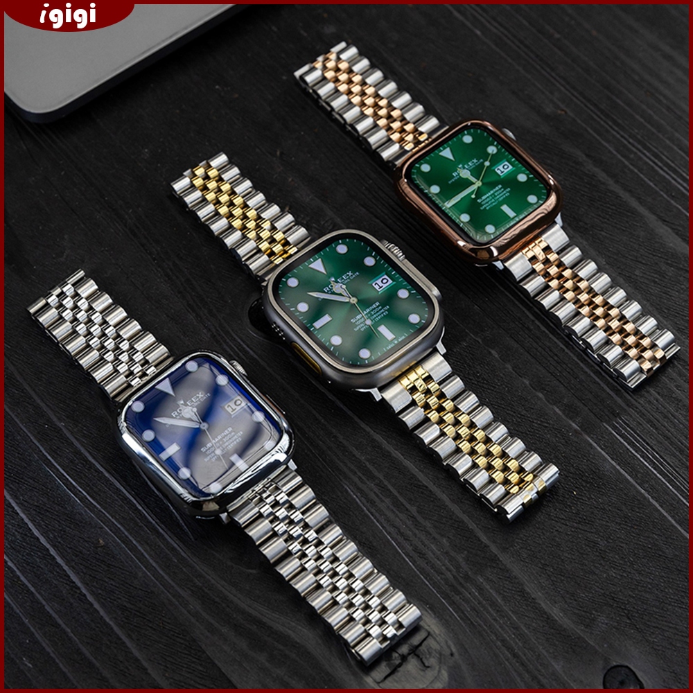 สายสแตนเลส 5 แถวคลาสสิกสำหรับ Apple Watch 46mm 49mm 45mm 44mm 42mm 41mm 40mm 38mm Series 1-11 SE Ultra – สายโลหะสไตล์ธุรกิจวินเทจ