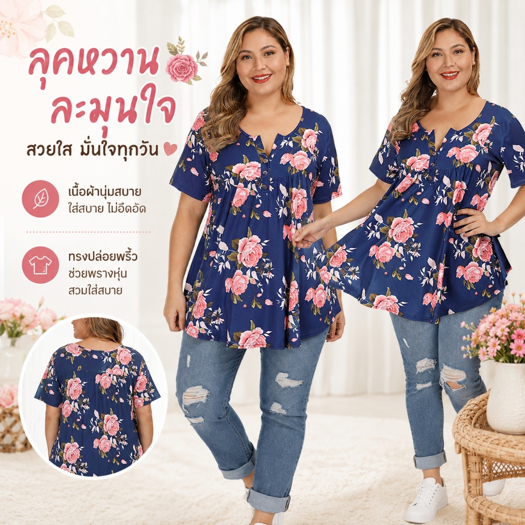 Jeanswest พลัสขนาดผู้หญิงดอกไม้เสื้อด้านบนแขนสั้นเสื้อฤดูร้อนยืดระบายอากาศหลวมพอดีเสื้อลําลอง