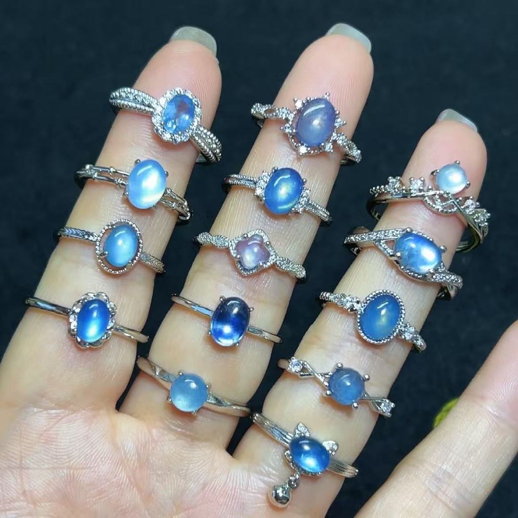 Handcrafted Aquamarine แหวนทองแดงคริสตัลปรับขนาดได้เครื่องประดับสไตล์ Boho อินเทรนด์สําหรับผู้หญิง