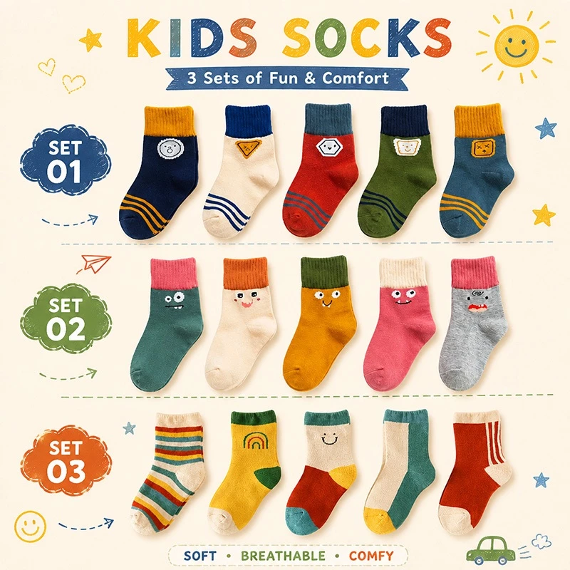 【ส่งด่วน】🧦 ถุงเท้าผ้าฝ้ายสําหรับเด็ก 5 คู่ชุดถุงเท้าการ์ตูนลําลองระบายอากาศสําหรับเด็กชายหญิง