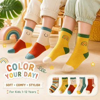 【ส่งด่วน】🧦 ถุงเท้าผ้าฝ้ายสําหรับเด็ก 5 คู่ชุดถุงเท้าการ์ตูนลําลองระบายอากาศสําหรับเด็กชายหญิง