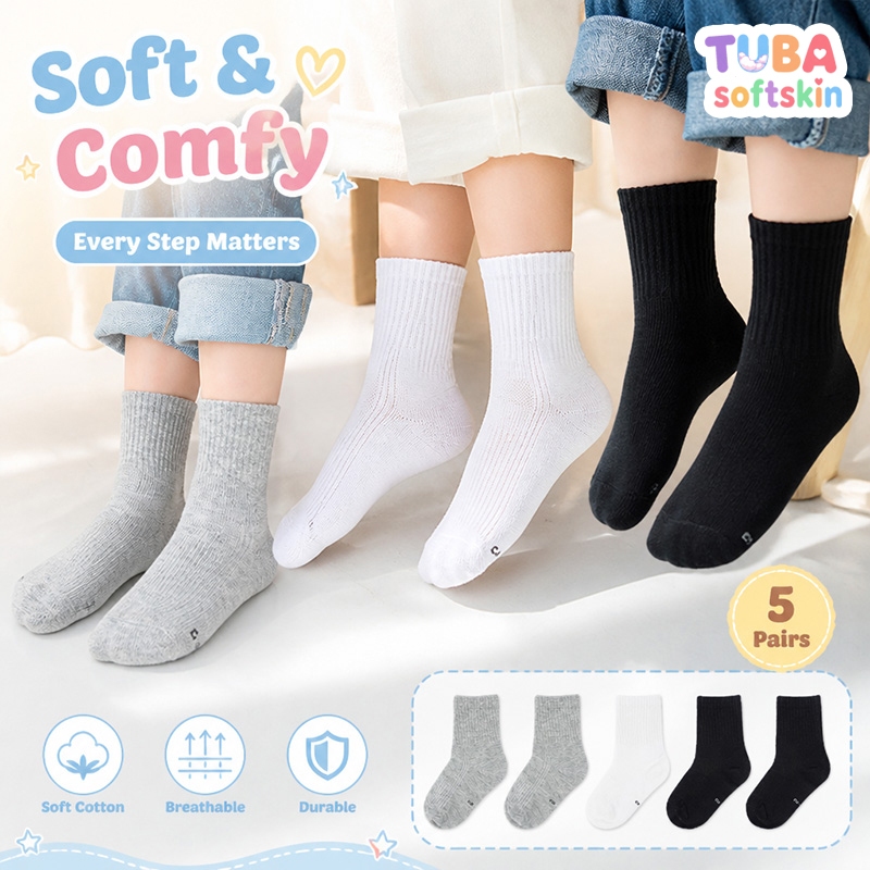【ส่งด่วน】🧦 ถุงเท้าเด็กผ้าฝ้ายสีพื้น ยาวกลางน่อง สีขาว สีดำ ใส่ประจำวัน ยูนิเซ็กซ์