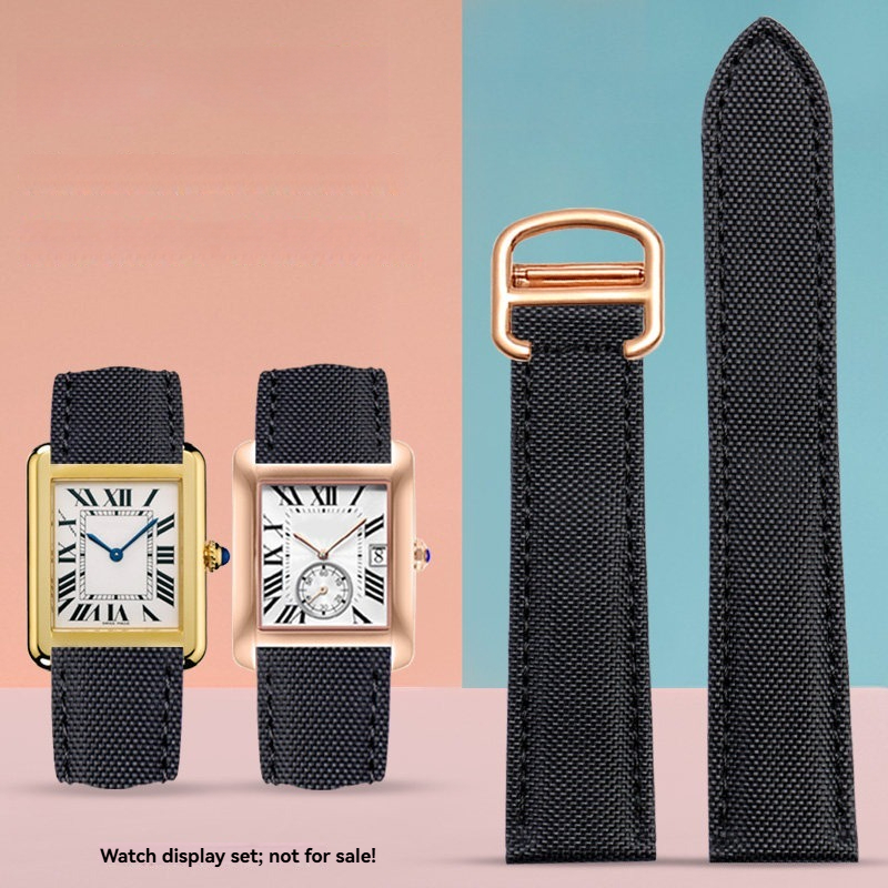 สายนาฬิกาไนลอนผู้ชายเหมาะสําหรับ Cartier Tank Tank Must London Key Canvas Bracelet สีดํา 20mm