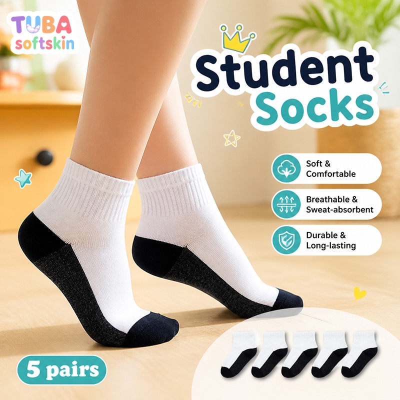 【ส่งด่วน】🧦 ถุงเท้าเด็กไปโรงเรียน ผ้าฝ้ายนุ่ม หัวส้นตัดสี ข้อถุงลายรีบ สีขาว ดำ เทา ยูนิเซ็กซ์