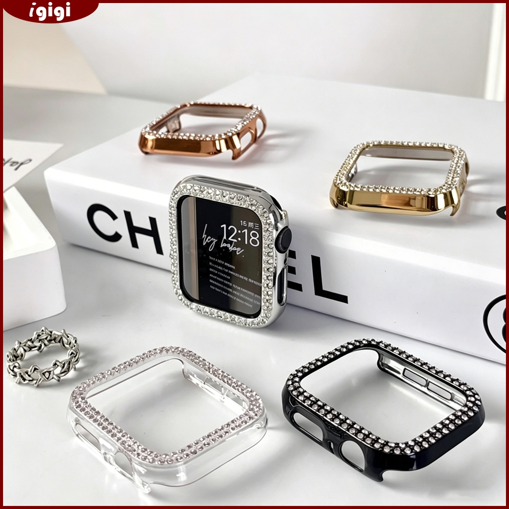 เคสขอบครึ่งหุ้มเพชร 2 แถวเคลือบเงาสำหรับ Apple Watch 46mm 49mm 45mm 44mm 42mm 41mm 40mm 38mm Series 1-11 SE Ultra – ป้องกันขอบแวววาวจี๊ดจ๊าด
