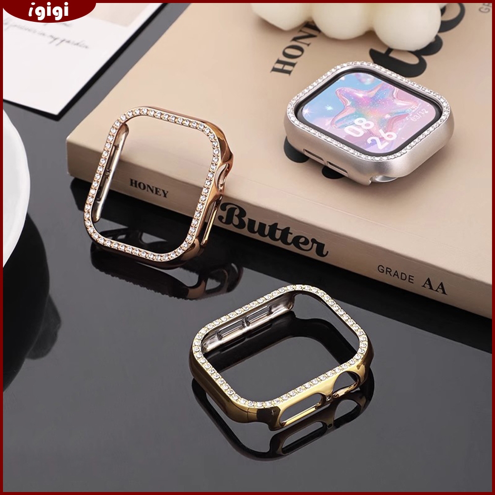 เคสขอบครึ่งหุ้มฝังเพชรเคลือบเงาสำหรับ Apple Watch 46mm 49mm 45mm 44mm 42mm 41mm 40mm 38mm Series 1-11 SE Ultra – ป้องกันขอบแวววาว