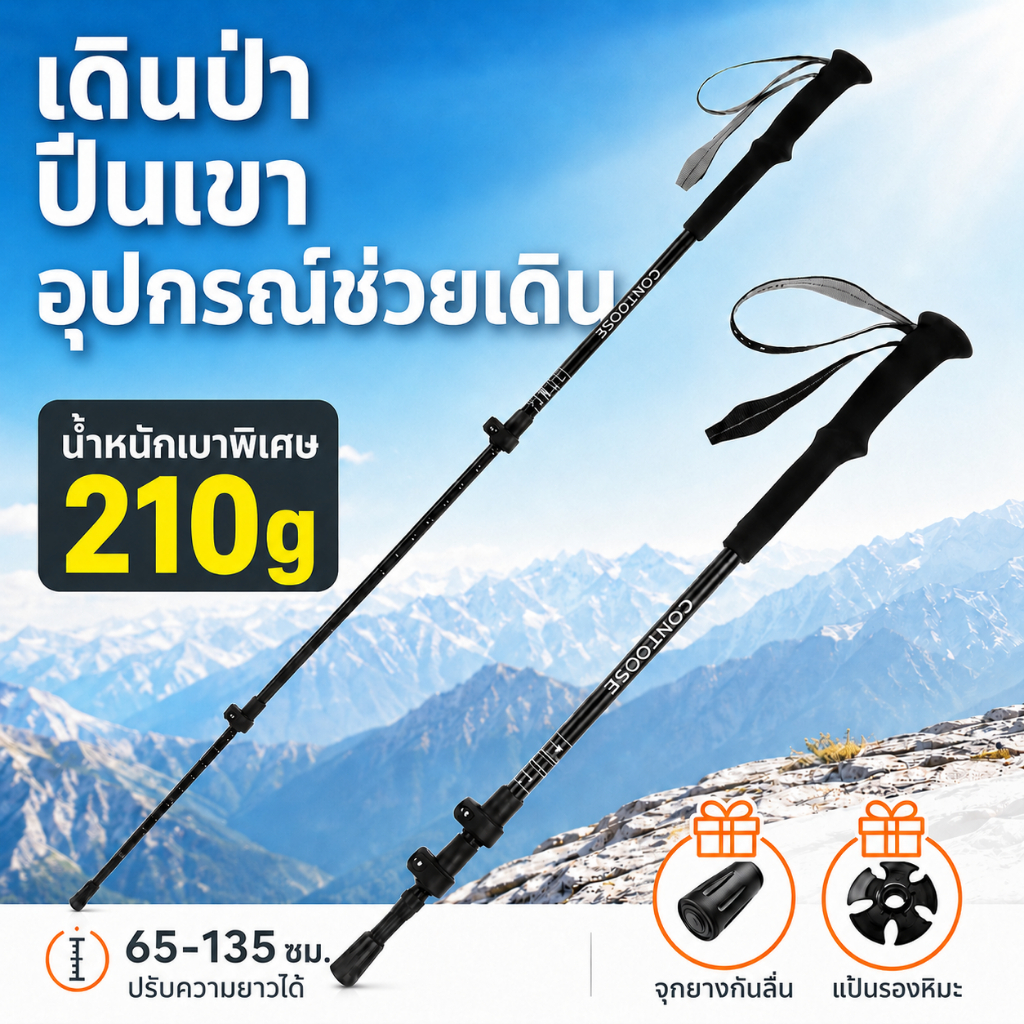 ไม้เท้าเดินป่า มีโช้คกันกระแทก ปรับระดับได้ Trekking Pole ไม้เท้าปีนเขา ยืดหดได้ อุปกรณ์เดินป่า