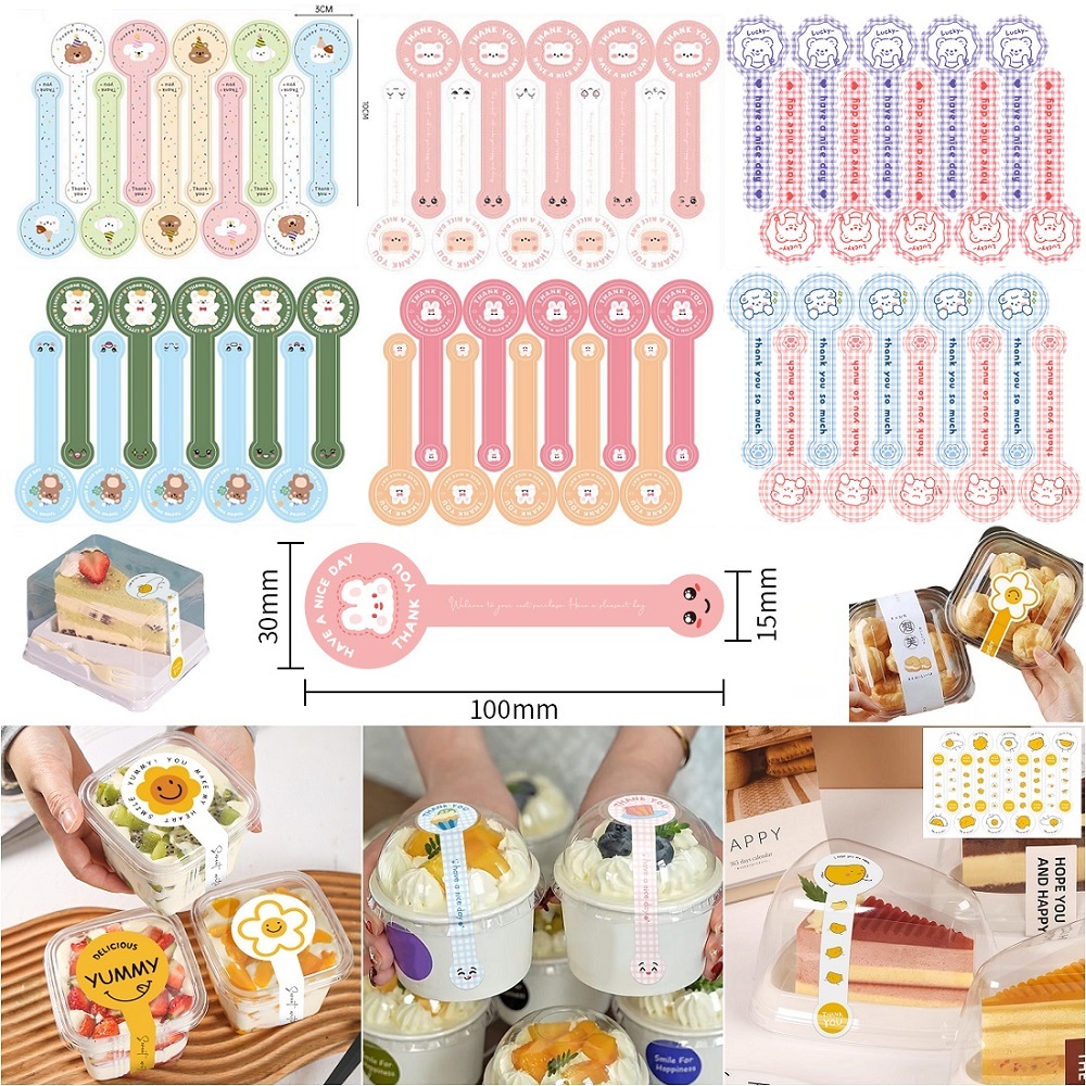 100 ชิ้น/แพ็คยาวสไตล์น่ารักขอบคุณสติกเกอร์ ทําเอง ทําด้วยมือเบเกอรี่เค้กอาหารบรรจุภัณฑ์ปิดผนึกป้ายของขวัญซื้อกลับบ้านกล่องจัดเลี้ยงถ้วยกาแฟป้ายตกแต