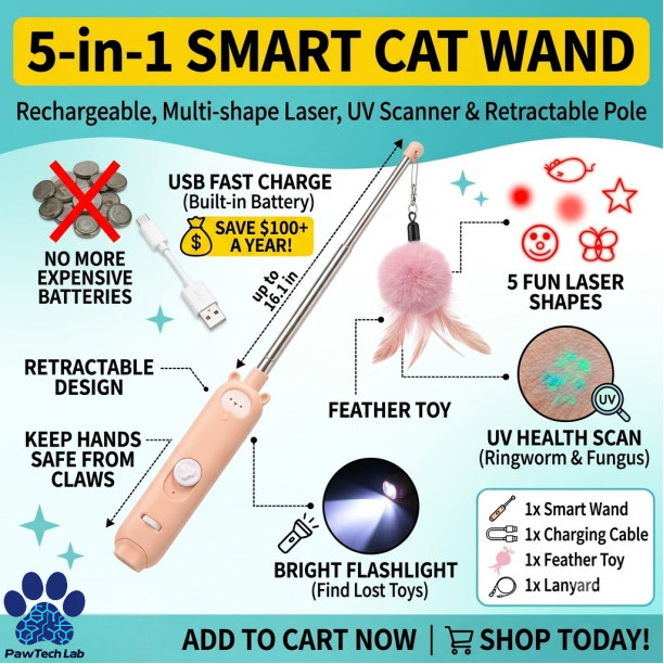 [PawTech Lab] ของเล่นเลเซอร์แมว 2-in-1 ไม้ตกแมวยืดหดได้ ชาร์จ USB เลเซอร์แมว 5 ลาย ไฟ UV ตรวจเชื้อรา ของเล่นแมว