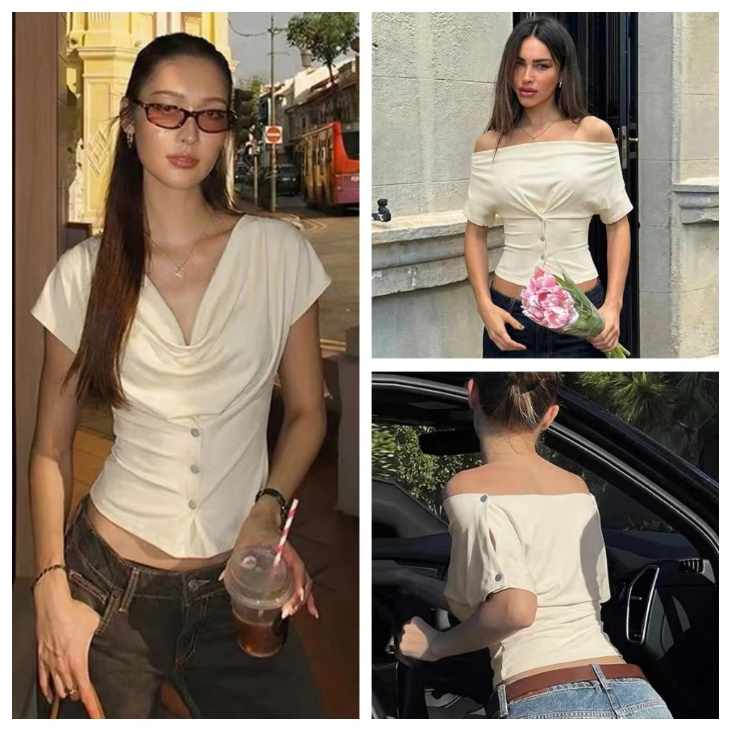 【จัดส่งจากประเทศไทย】บล็อกเกอร์อินส์มีสไตล์เดียวกันกับเสื้อแขนสั้นคอปาดสไตล์วันหยุดที่สามารถสวมใส่ได้หลายครั้งกับเสื้อยืดเอวสีทึบ