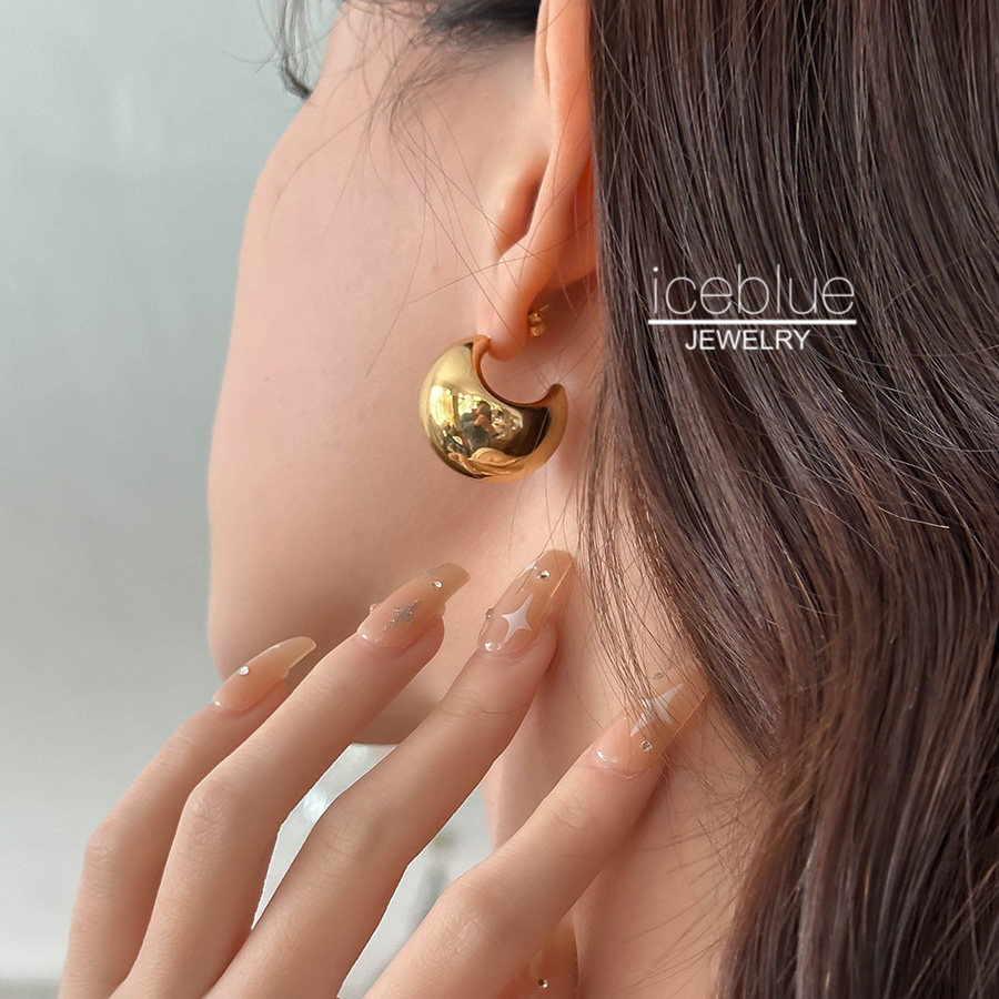 Iceblue-18K Gold Plated Round Ball Dome Chunky Hoop ต่างหู Hypoallergenic กันน้ํา Non Tarnish 316L สแตนเลสสําหรับผู้หญิง E56