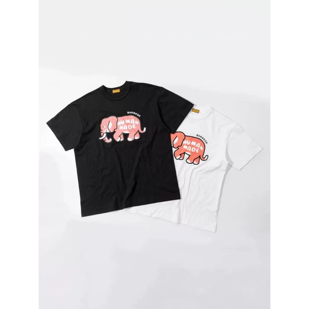 เสื้อยืดแขนสั้นผ้าฝ้ายคอกลม Unisex พิมพ์ลายช้าง สีดํา&ขาว มี 2 สี