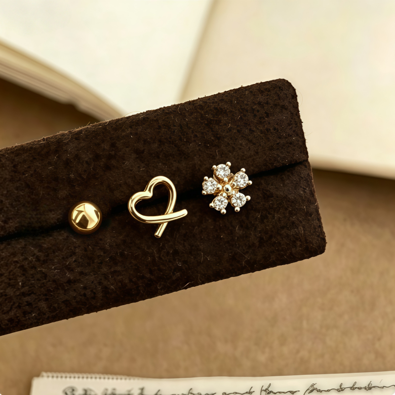 3-in-1 เกาหลี Minimalist Stackable Heart Zircon Tiny Stud ต่างหู