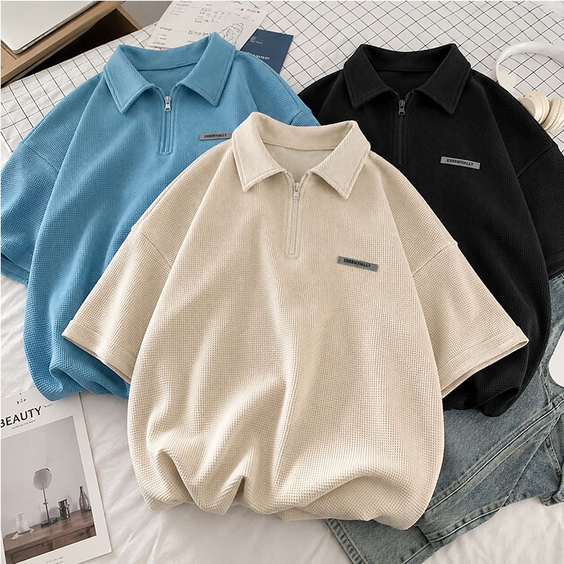 เสื้อโปโลโอเวอร์ไซส์ Unisex คอปกซิปครึ่งตัว ผ้าวาฟเฟิล แขนสั้น ทรงหลวม สไตล์เกาหลี ระบายอากาศ ใส่สบาย มี 3 สี