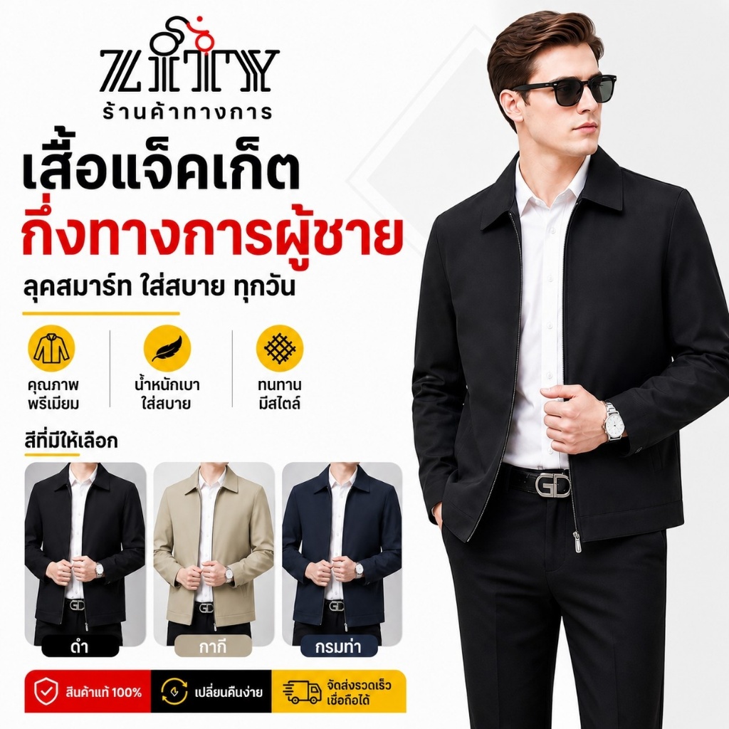 ZITY เสื้อแจ็คเก็ตผู้ชาย ทรงเข้ารูป ปกสูง น้ำหนักเบา ระบายอากาศได้ดี สำหรับทำงานและเดินทาง