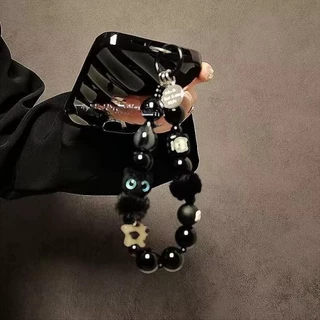 สายคล้องข้อมือโทรศัพท์ลูกปัดสีดํามีเสน่ห์แมว ใช้คล้องกุญแจหรือกระเป๋าได้ กันของตกหาย สะดวกในการพกพา