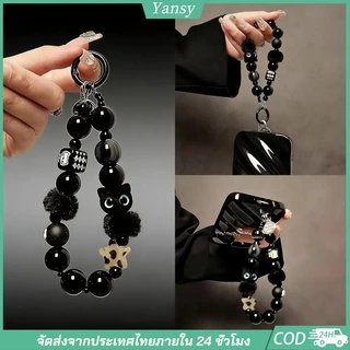 สายคล้องข้อมือโทรศัพท์ลูกปัดสีดํามีเสน่ห์แมว ใช้คล้องกุญแจหรือกระเป๋าได้ กันของตกหาย สะดวกในการพกพา