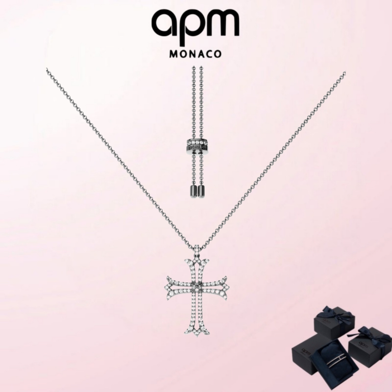 เครื่องประดับ APM ขายดี (พร้อมกล่อง) ของขวัญความรักวันหยุดหรูหราคุณภาพสูง สร้อยคอแบบปรับได้ข้ามในสีเ