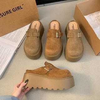 S.LuxLane Womens 7cm Platform Slip-On Mules – รองเท้าแตะส้นเตารีดหัวปิดพร้อม Chunky Sole สําหรับสวมใส่ทุกวัน (สีกากี/มารูน ไซส์ 35-40)