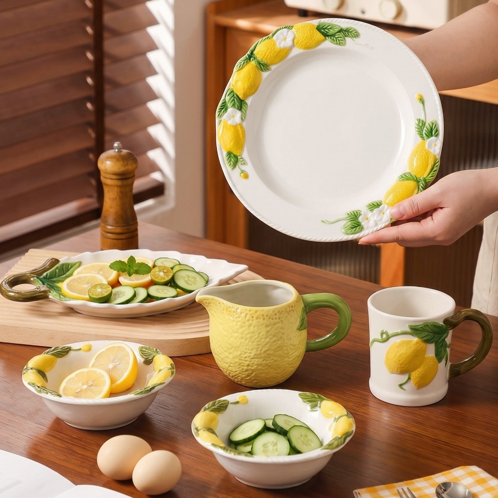 HongDian ชุดแก้วและจานเซรามิก ceramic porcelain tableware set ลายมะนาว underglaze ดีไซน์น่ารักสดใส แก้วน้ำ mug cup จาน plate ปลอดภัยต่ออาหาร ทนความร้อน สีไม่ซีดจาง ใช้กับ microwave oven ได้ ล้างใน dishwasher ได้ เก็บในตู้เย็นได้ ทำความสะอาดง่าย