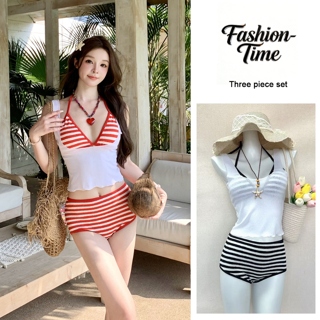 Fashion-Time เสื้อกั๊กลายบิกินี่ชุดว่ายน้ําสีแดง/สีดําริมทะเลชายหาดเสื้อผ้าสุภาพสตรีชุดว่ายน้ํา#KJS246