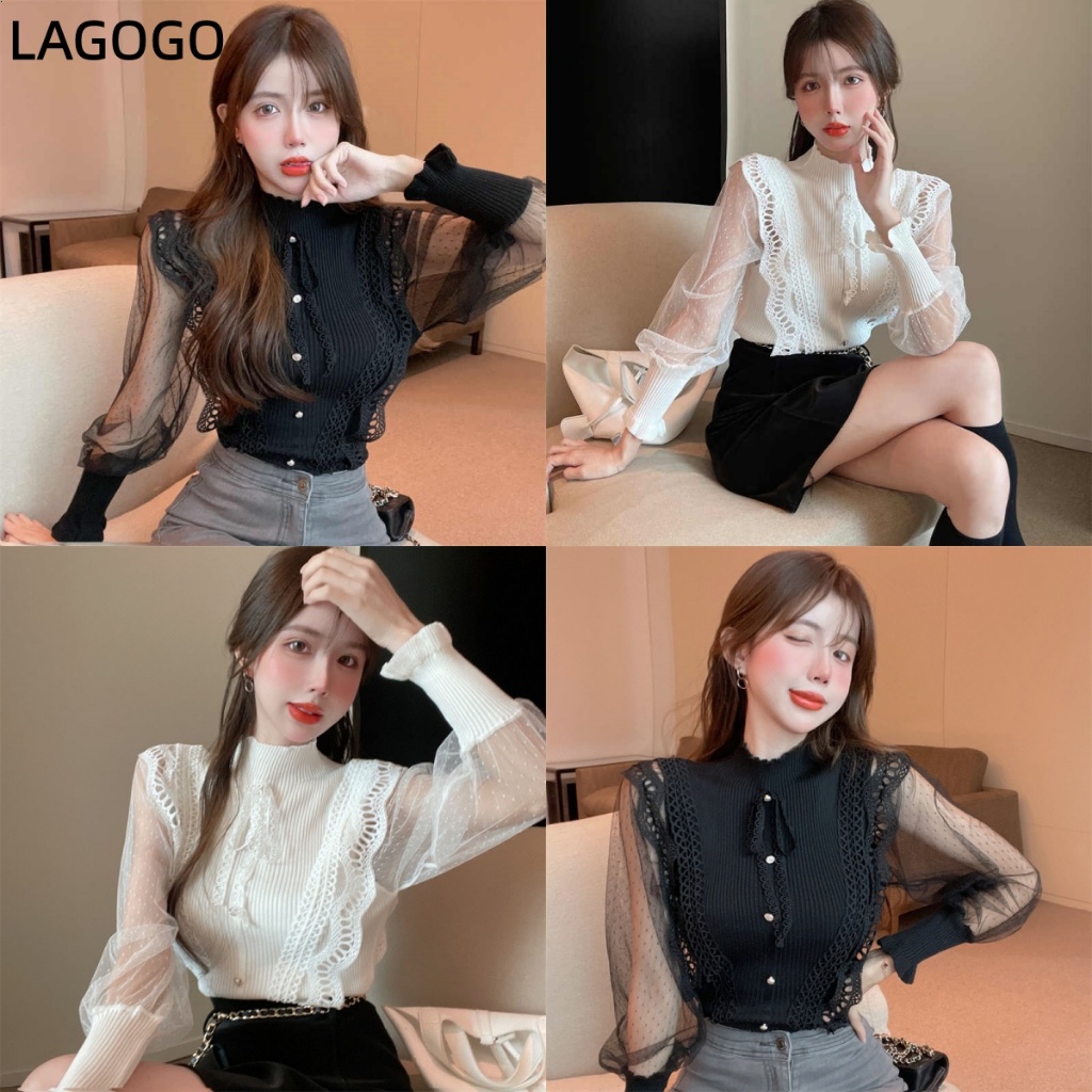 เสื้อแขนยาวสำหรับผู้หญิง สไตล์โมเดิร์นฝรั่งเศส คอลำบาก สลิมฟิต