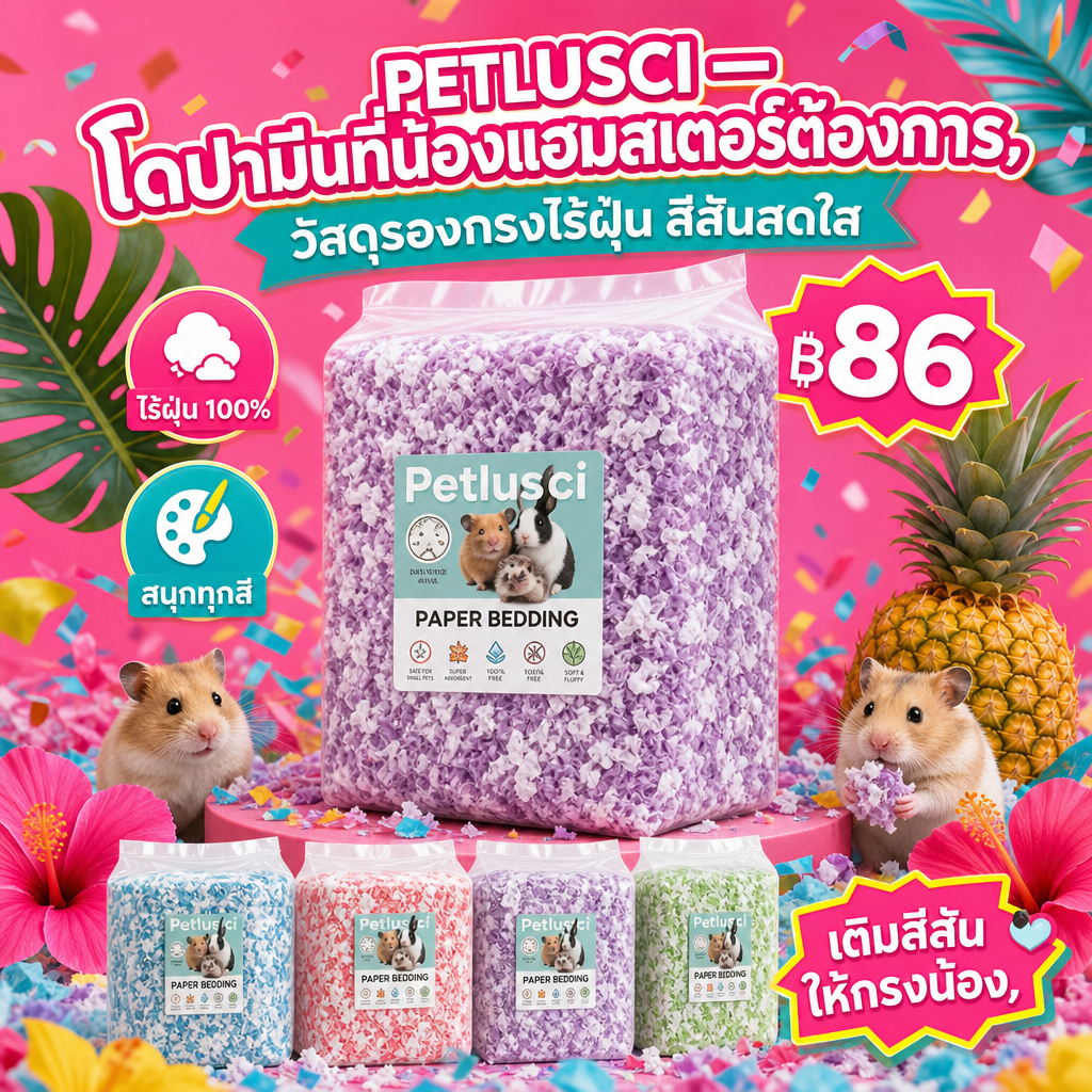 Petlusci กระดาษรองกรงสีสันสดใส เยื่อไม้ธรรมชาติ ไร้ฝุ่น นุ่มฟู 450g สำหรับหนูแฮมสเตอร์ | Hamster Paper Bedding